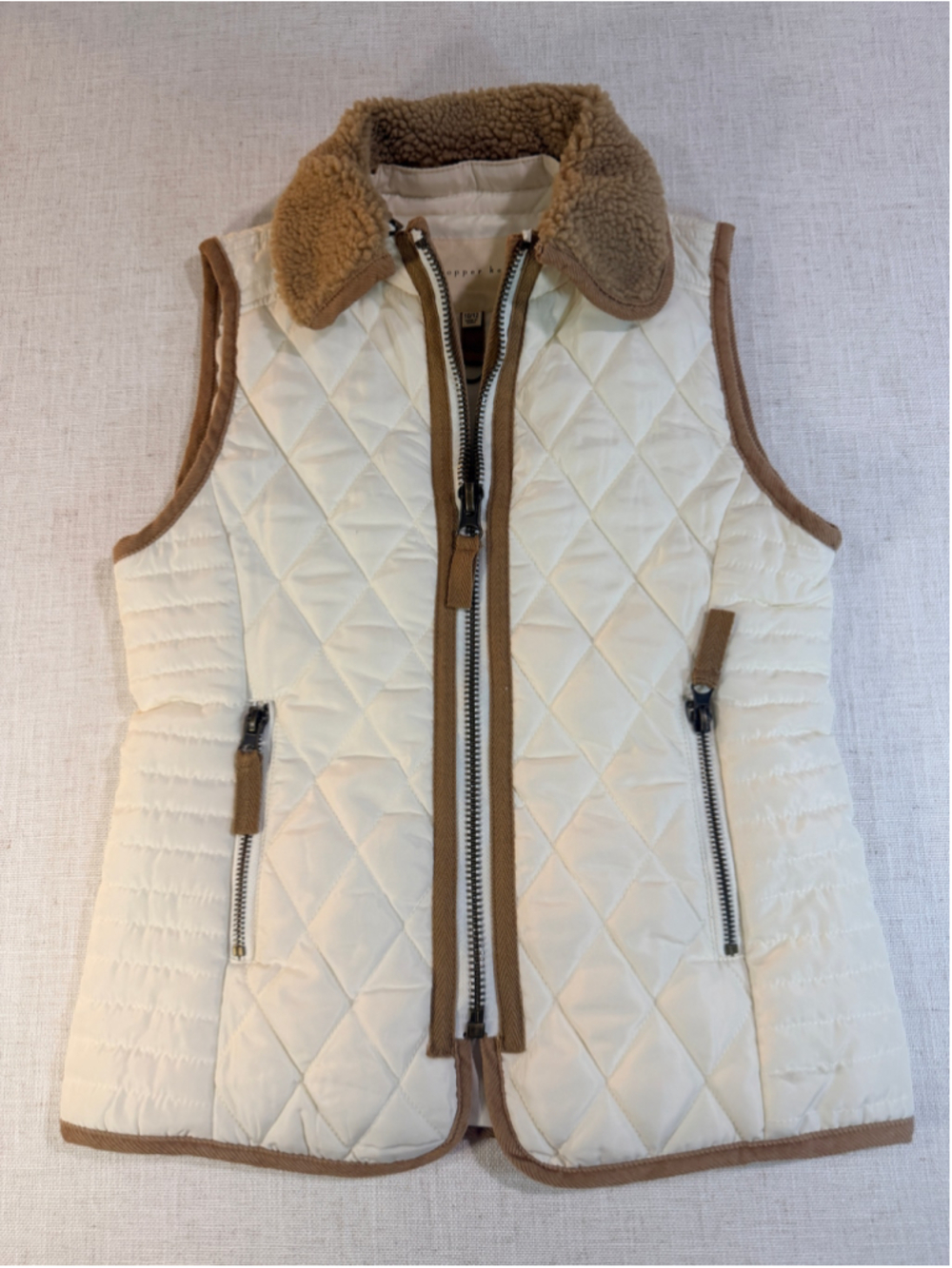 Copper Key Girls’ Quilted Puffer Vest Sherpa Collar Cream Ivory Brown Size 10/12